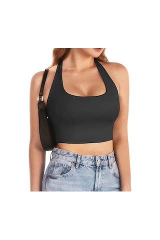 Liona Kadın Kare Yaka Siyah Renk Crop Top Bluz 001
