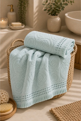Paisley Desenli Saçaklı 2 Li Baş Ve Banyo Havlusu Seti 50x90 + 90x150 Cm - Buz Mavisi
