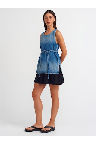 Dilvin İnce Kemerli Denim Bluz Mavi