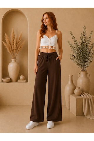 Mitodo.com Casual Örme Kumaş 2 Cepli Belden Ayarlamalı Pantolon Koyu Kahve