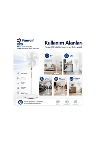 Fansan Fle-400 16 İnç Ayaklı Vantilatör 50w 3 Kademeli Sessiz Stand Fan