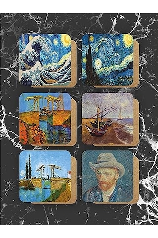 Van Gogh Temalı Ahşap Bardak Altlığı Ahşap Baskılı Altlık 6'lı Set 9 X9cm Genel
