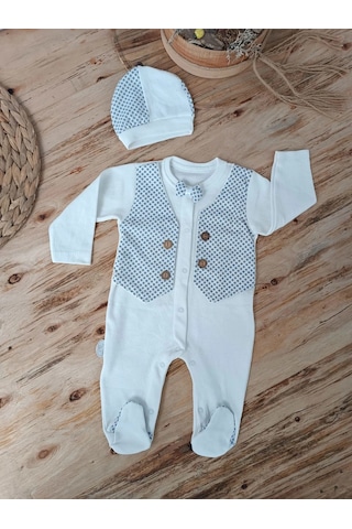 Veraura Lifestyle 0-3 3-6 6-9 Ay Şapkalı Yelek Detaylı Boydan Çıtçıt Erkek Bebek Tulumu Ekru