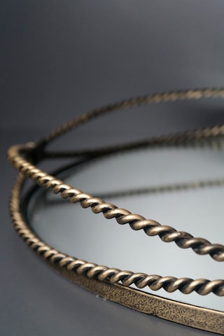 Gold Eskitme Antik Hasır Desenli Içi Aynalı Yuvarlak Metal Tepsi Gold Eskitme