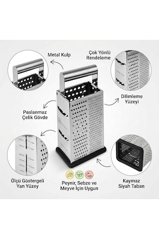 Deconox Paslanmaz Çelik Rende, Metal Kulplu 4 Yüzeyli Mutfak Rend