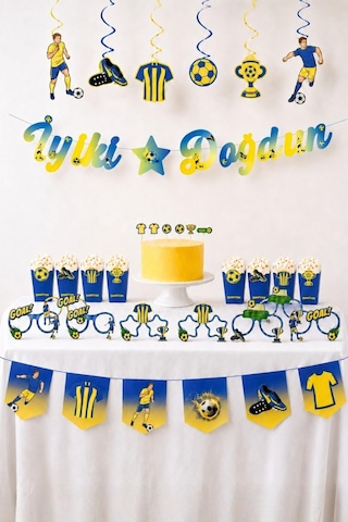 Sarı Lacivert Futbol Temalı Doğum Günü Parti Seti İyi Ki Doğdun Banner, Gözlük, Pasta Süsü Ve Mısır Kutusu
