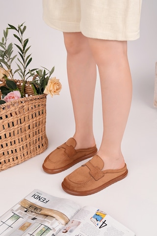 Muggo Vintage Süet Deri Günlük Rahat Önü Kapalı Kadın Loafer Terlik Taba