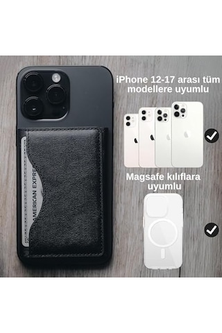 İphone İle Uyumlu Magsafe Özellikli Cüzdan Vegan Deri Güçlü Mıktanıs 6 Kart Hazneli Kartlık Siyah