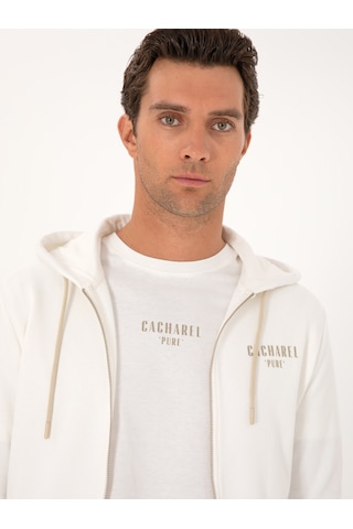 Ekru Regular Fit %100 Pamuk Tam Fermuarlı Kapüşonlu Sweatshirt Bej
