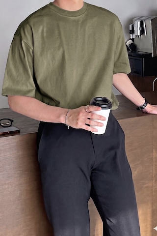 Genius Store Erkek Oversize Tişört Pamuk Kumaş Bisiklet Yaka Rahat Kalıp T-shirt Haki