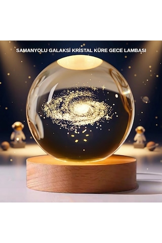 Mey İthalat Samanyolu Desenli Kristal Küre Ahşap Standlı Gün Işığı Led Masa Lambası