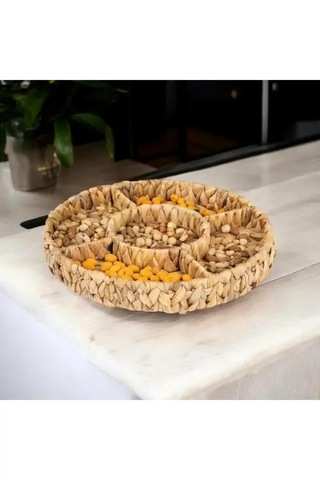 Hasır Muz Ağacından 5 Bölmeli Yuvarlak Çerezlik Kuruyemişlik Sunumluk Tepsi Çapı 30x7cm Açık Kahverengi