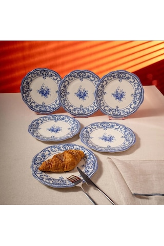 Fecra Majestic Blue 6 Parça Pasta Tabağı Seti Beyaz - Mavi