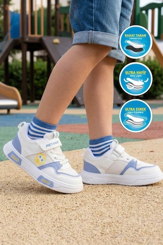 Reyber Beyaz Mavi Cırtlı Fileli Hafif Unisex Çocuk Spor Ayakkabı 026 F Beyaz - Mavi