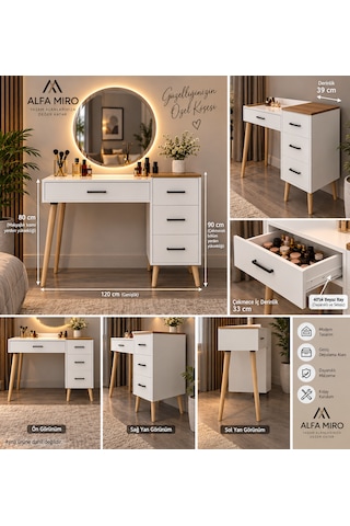 Dorm Çekmeceli Ahşap Ayaklı Makyaj Masası - Beyaz- Atlantik Çam - 120x90 Cm Beyaz - Çam
