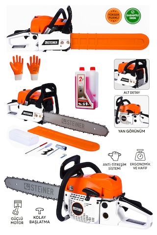 Steiner 2.1 Kw Turbo-5200 Profesyonel 2.8 Hp Çift Egzoz 52cc Ağaç Odun Dal Kesme Benzinli Testere Hızar Makinesi 50cm