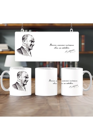 Atatürk Sözleri Ve Resmi Kupa Bardak - Mustafa Kemal İmzalı - '' Benim Manevi Mirasım '' Beyaz