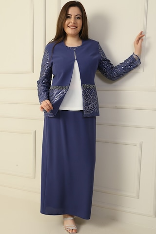 İçi Yarım Ay Kol Bluz Pul Nakışişlemeboncuk Detaylı Ceket Etek Astarlı Büyük Beden 3'lü Takım İndigo