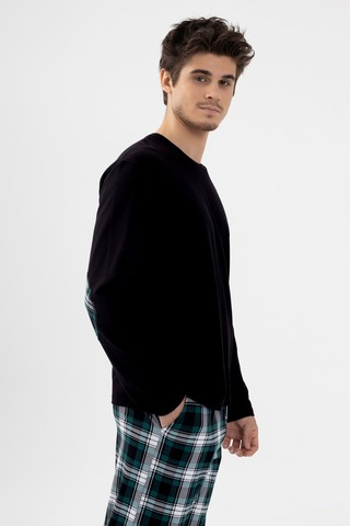 Erkek Pamuklu Uzun Kollu Yamalı Ekose Desenli Pijama Takımı Ko60104 Yeşil