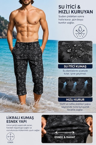 Miami Beach Diz Altı Uzun Model Su İtici Özellikli Likralı Esnek Kumaş Erkek Plaj Deniz Kapri Şort // 944-antra Füme