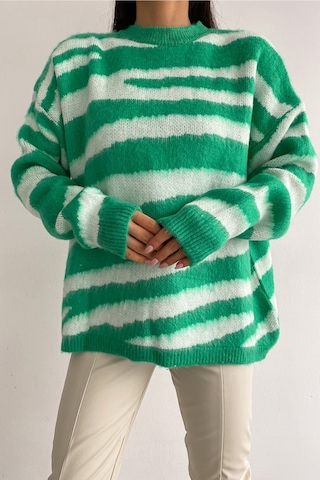 Femelle Kadın Yeşil Yeni Sezon Zebra Desen Standart Beden Geniş Kalıp Oversize Triko Kazak