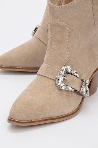 Luvishoes Luvi Shoes Any Bej Taşlı Hakiki Deri Süet Kadın Topuklu Bot Bej Süet