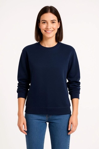 Velmora Fashion Kadın 3 İplik Pamuklu Düz Bisiklet Yaka Sweatshirt - Lacivert