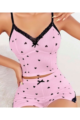 Jhena Siyah Şerit Detaylı Kadın Gecelik Takım, Rahat Ev Giyim Pijama Takım, Siyah - Fuşya