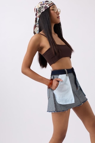 Ters Detay Denim Mini Etek Mavi