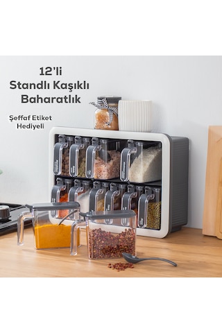 Porsima 1118 12li Standlı Kaşıklı Kapaklı Baharatlık Seti Antrasi Antrasit - Beyaz