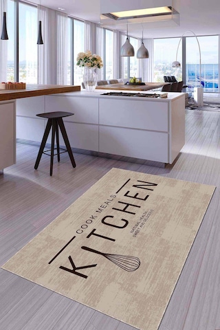 Bej Kaymaz Taban Yıkanan Kitchen Yazılı Mutfak Halısı Ar794