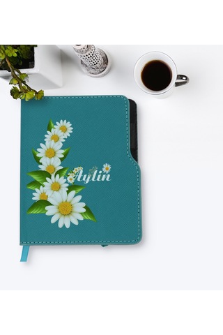 Kişiye Özel Papatya Temalı Turkuaz Termo Deri Defter-8