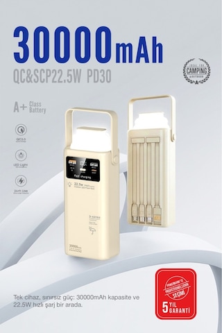 30.000 Mah Outdoor Led Işıklı Hızlı Şarj Powerbank Usb-c & Çoklu Cihaz Desteği Beyaz
