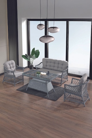 Icon Rattan Bahçe Balkon Oturma Takımı 2+1+1+camlı Masa Gri Gri