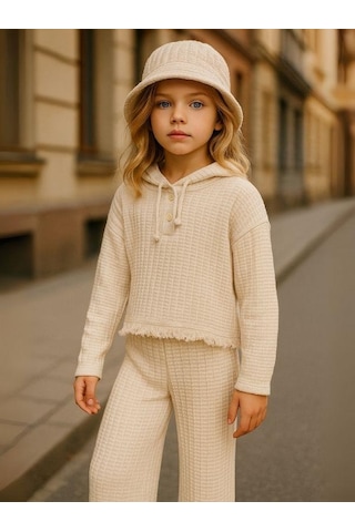 Zekids Kız Çocuk Pamuklu Dokulu Kumaş Pantolon-16224 Krem
