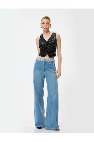 Koton Abiye Yelek Crop Pullu Payetli V Yaka Kolsuz Düğmeli Slim Fit Siyah 4sak50002fk Siyah