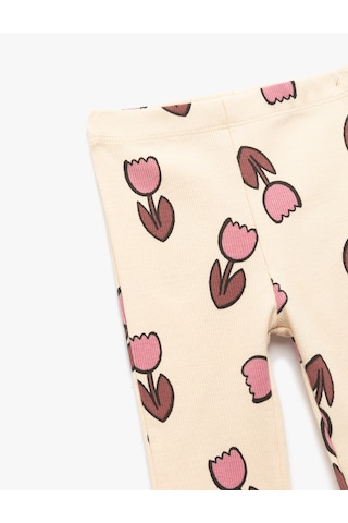 Koton Pamuklu Beli Lastikli Çiçek Desenli İspanyol Paça Tayt Bej Desenli 6wmg40018ak Ekru Desenli