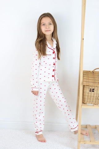 Kız Çocuk Kırmızı Kalpli Pamuklu Pijama Takımı - Uzun Kollu Düğmeli Rahat Takım Kırmızı