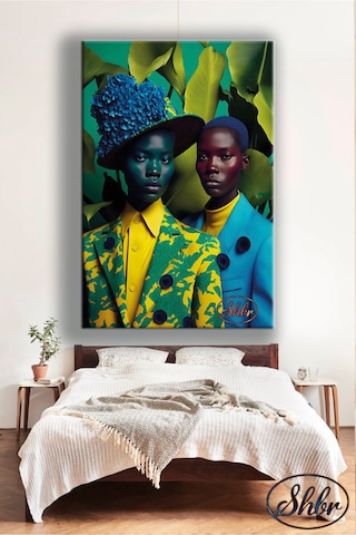 Tekli Dikey Kanvas Tablo İki Afrikalı Model Çok Renkli Dekoratif Kanvas Duvar Tablosu