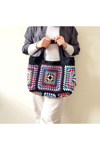 Kemzey Handmade El Yapımı Siyah Tote , Nostaljik Kareli Örgü Çanta Çok Renkli Sarı