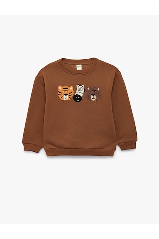 Koton Nakışlı Şardonlu Bisiklet Yaka Uzun Kollu Oversize Sweatshirt Kahverengi 7wmb10139tk Kahve