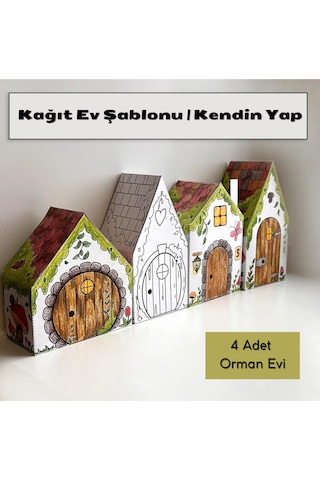 Kağıt Ev Şablonu Kendin Yap, 4 Adet Orman Evi, Boyama El Sanatları