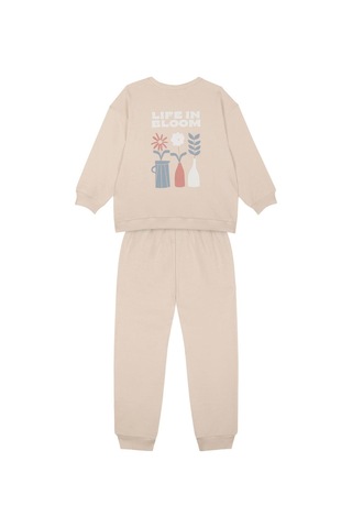 Antebies Organik Pembe Çiçek Baskılı Beli Lastikli Bağcıklı Uzun Kollu Kız Çocuk Sweatshirt Eşofman Takımı Bej