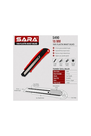 Sara S490 Yarı Plastik Maket Bıçağı 18 Mm Kırılabilir Bıçak, Güçlendirilmiş Bıçak Kanalı