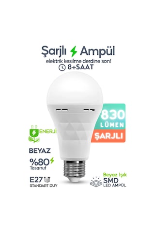 Şarjlı Ampül 830 Lümen Ultra Acil Durum & Kamp Işığı 220v Beyaz E27 Duy Otomatik %80 Tasarruflu