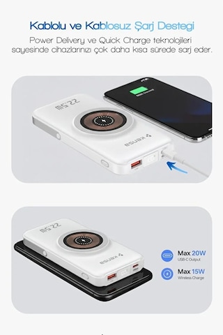 10000 Mah Magsafe Uyumlu Taşınabilir Powerbank Dahili Kablolu 22.5w Scp 20w Pd 15w Wireless Beyaz