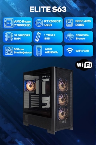 Game Garaj Elite S63 R7-7800X3D 32 GB 1 TB SSD RTX5070Tİ Dos Oem Paket Masaüstü Oyuncu Bilgisayarı