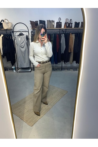 Bej Geniş Kesik Paça Wide Leg Kadın Jean Pantolon Bej