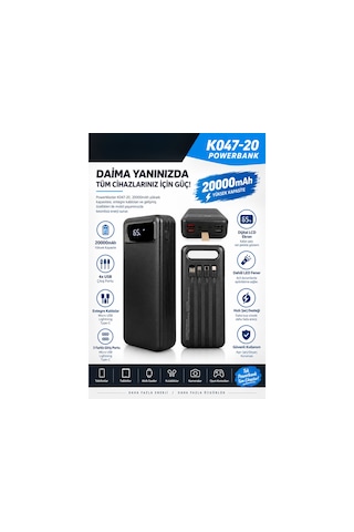 Powermaster 20000mah Powerbank Dijital Ekranlı 4 Usb 3 Kablo Type-c Lightning Micro Usb Led Fener