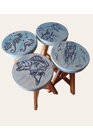 Sea Stool Deniz Temalı Tamamı El Yapımı Ahşap Tabure